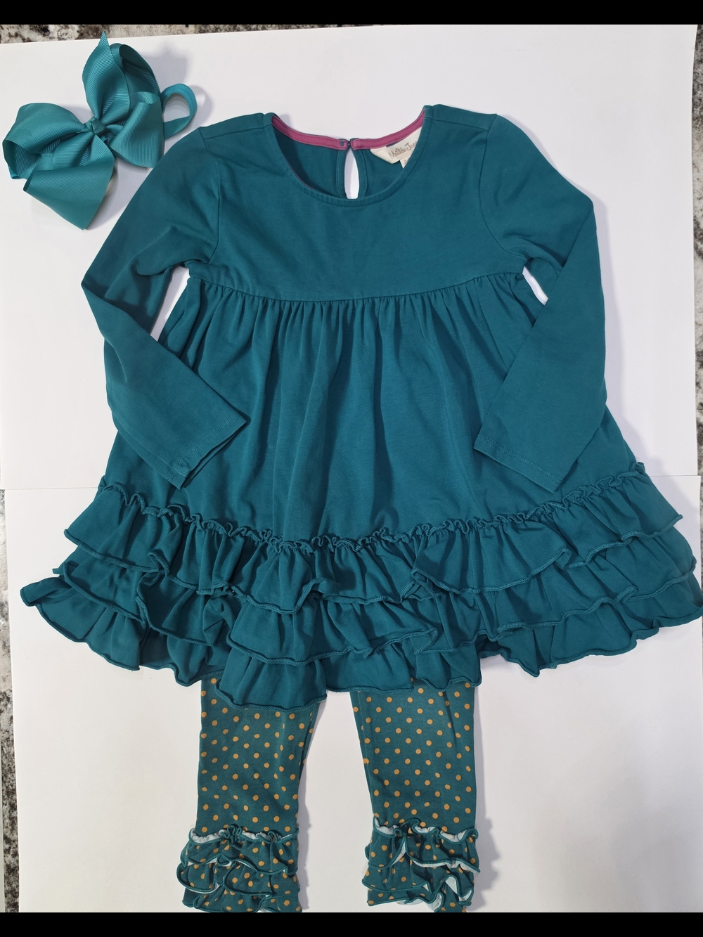 Matilda Jane 2 Ruffle Tunic with Polka Dot Leggings and Bow